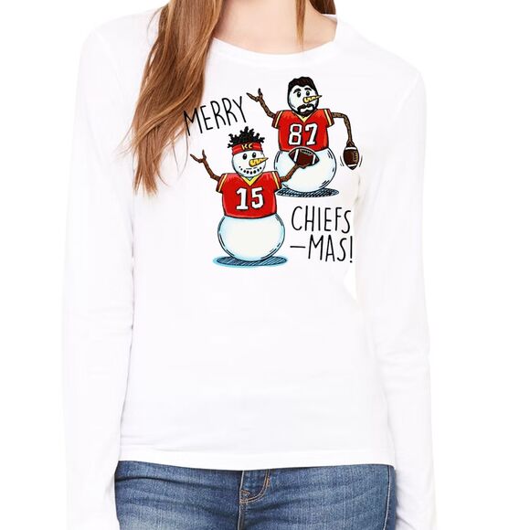 Upcycled Gemz Tops - Merry Chiefs-mas Mahomes and Kelce Snowmen Long Sleeve White T-Shirt